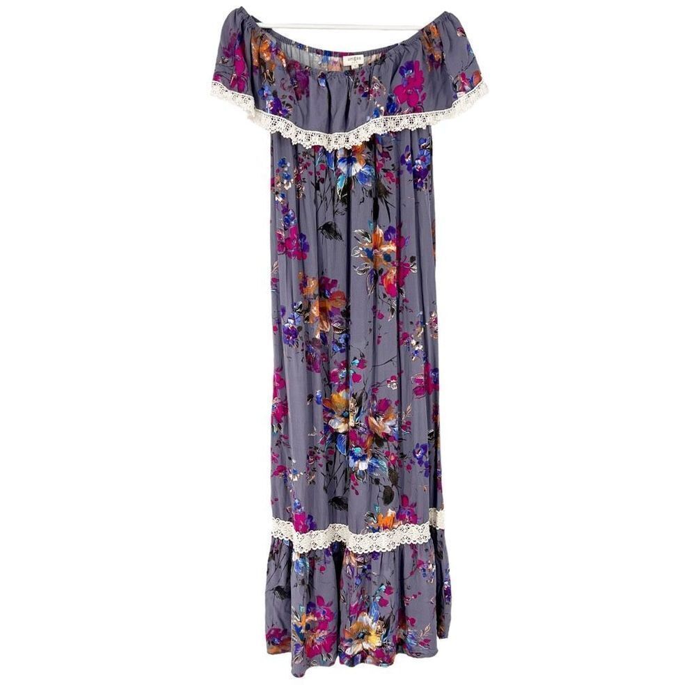 Umgee Women’s Small Floral Ruffle Crochet Off Shoulder Long Maxi‎ Dress Boho